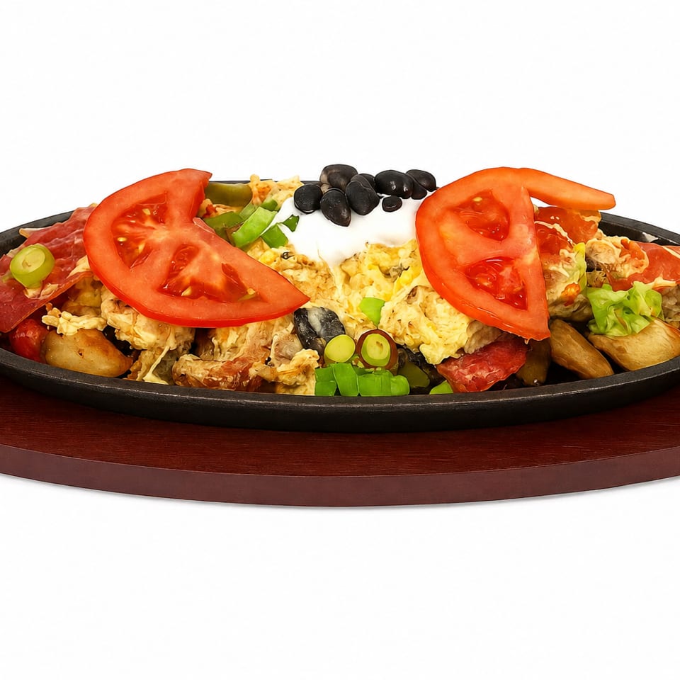 Loaded skillet platter topped with scrambled eggs, tomato slices, bacon, black beans, peppers, potatoes, and sour cream.