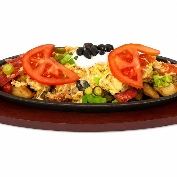 Loaded skillet platter topped with scrambled eggs, tomatoes, black beans, jalapeños, bacon, potatoes, and sour cream on a wooden board.